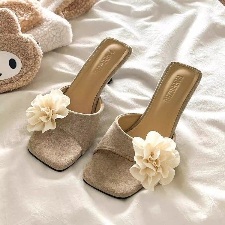 Vintage Floral One-Strap Sandal Slippers For Women, New 2026 Summer Style, French Square Toe, Fashionable Elegant Versatile High Heel Slides