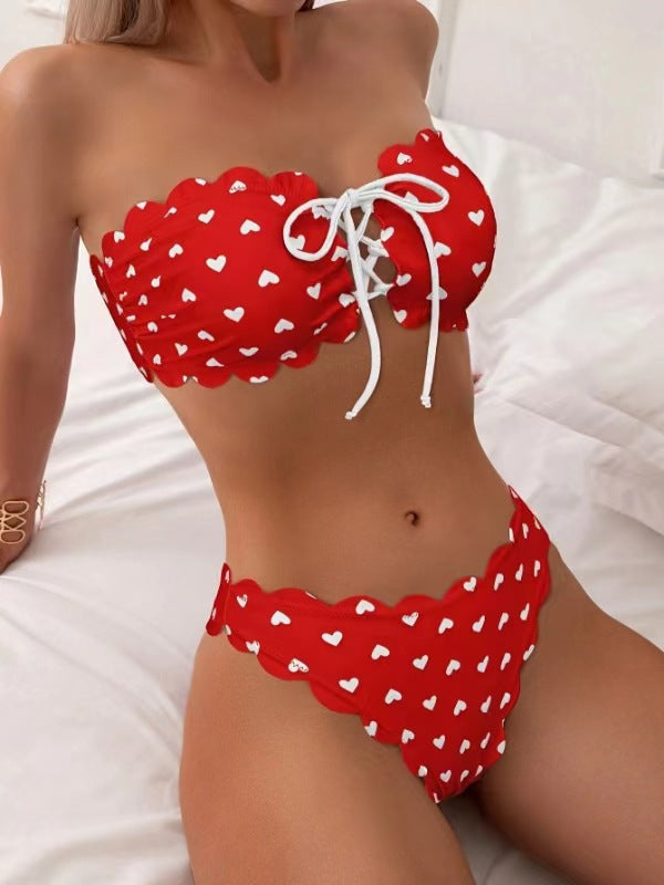 Printed Tube-top Bikini With Tie-up Drawstring